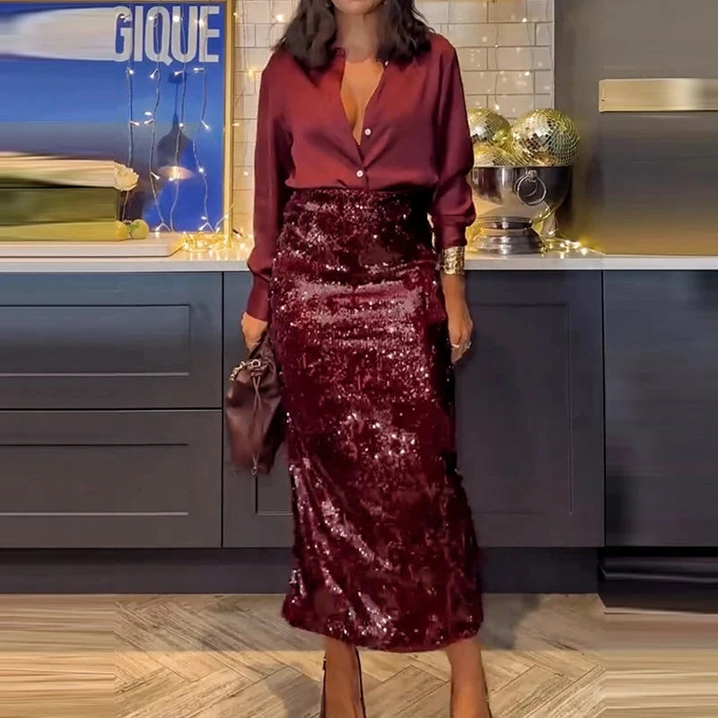 Peris Gems 01 Red / M 2025 Fashion Temperament Party Suits Elegant Lapel Button Shirts & Sequin Skirt Sets Women Casual Long Sleeve Solid 2Pc Outfits 2025 Fashion Temperament Party Suits Elegant Lapel Button Shirts & Sequin Skirt Sets Women Casual Long Sleeve Solid 2Pc Outfits SHEIN Amazon Temu