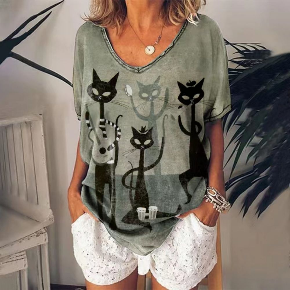 Peris Gems 1 / S Retro Cat T-Shirt for Women| V-Neck Oversized Shirts SHEIN Amazon Temu