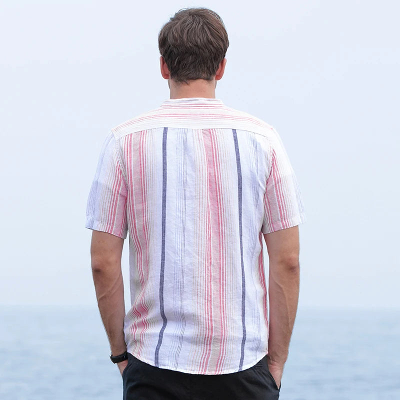 Peris Gems 100% Pure Linen Striped Shirts For Men Short Sleeve Casual Stand Collar Hemp Shirts Man Summer Fashion Breathable Tops SHEIN Amazon Temu
