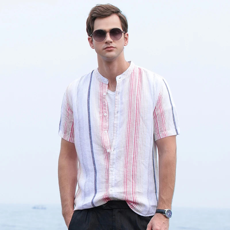 Peris Gems 100% Pure Linen Striped Shirts For Men Short Sleeve Casual Stand Collar Hemp Shirts Man Summer Fashion Breathable Tops SHEIN Amazon Temu