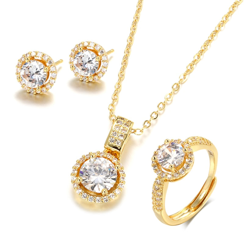 Peris Gems 18K Gold Plated / Resizable Gold Zircon Jewelry Set for Women | Diamond Ring Necklace Earrings Set Gold Zircon Jewelry Set for Women Ring Necklace Earrings Set SHEIN Amazon Temu