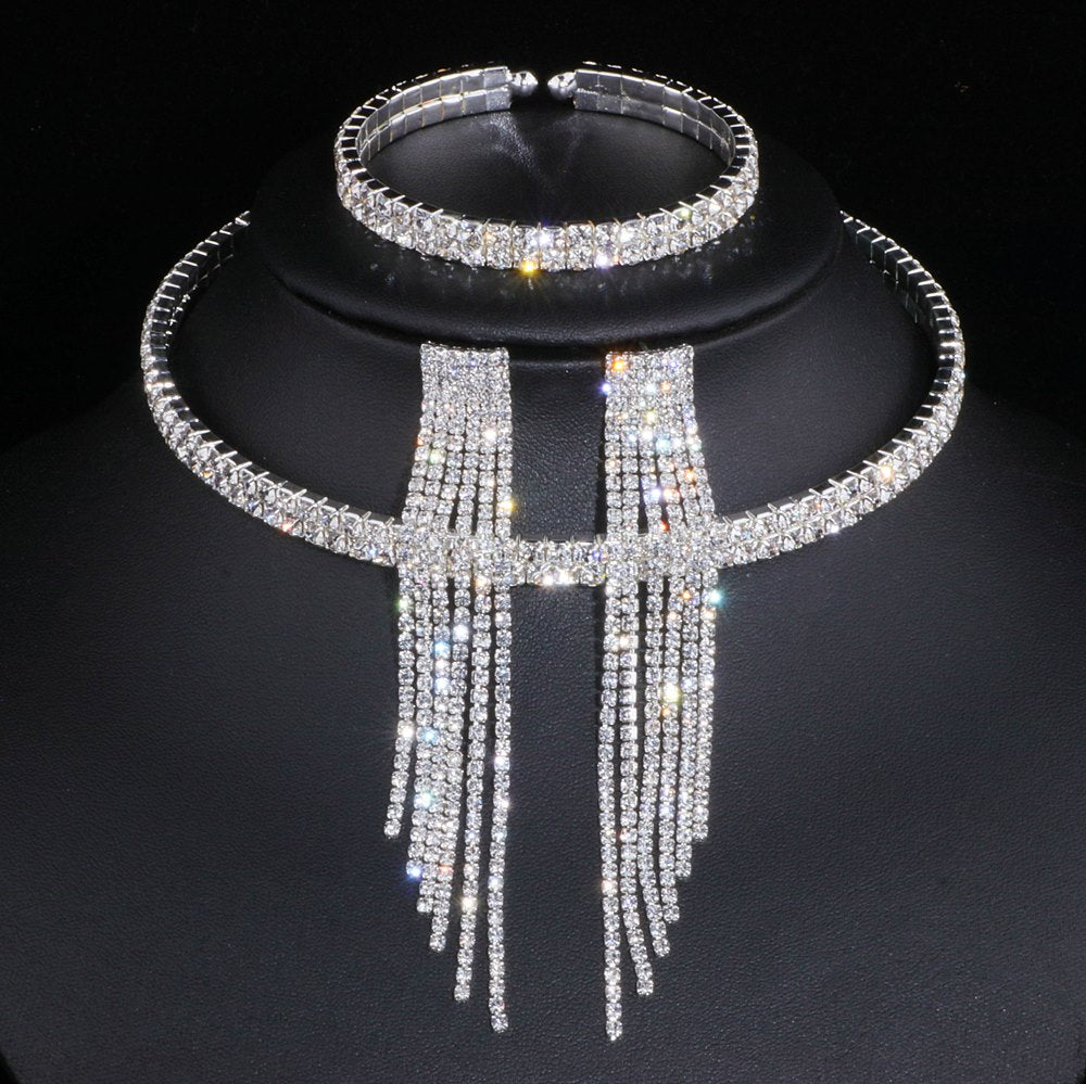 Peris Gems 2 Lays with earrings Crystal Tassel Bridal Jewelry Sets for Women | Diamond Wedding Set Crystal Tassel Bridal Jewelry Sets for Women | Wedding Set SHEIN Amazon Temu