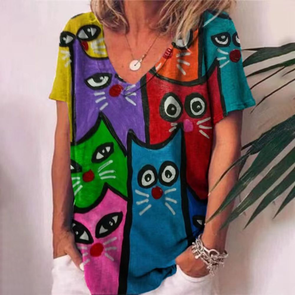 Peris Gems 2 / S Retro Cat T-Shirt for Women| V-Neck Oversized Shirts SHEIN Amazon Temu