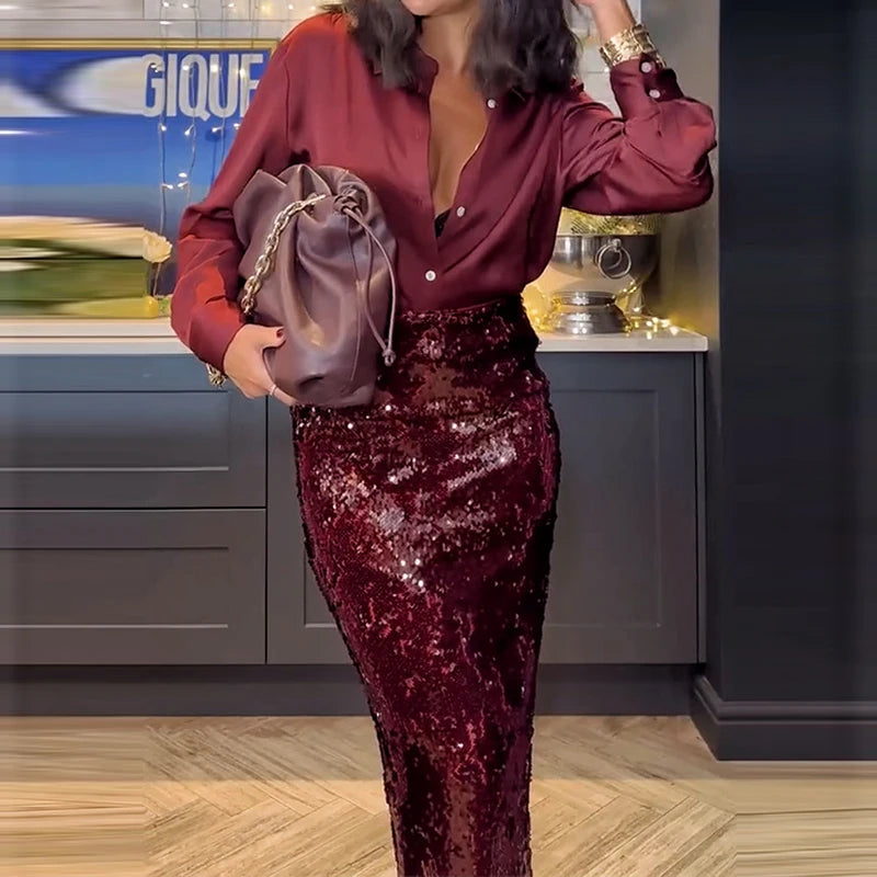 Peris Gems 2025 Fashion Temperament Party Suits Elegant Lapel Button Shirts & Sequin Skirt Sets Women Casual Long Sleeve Solid 2Pc Outfits 2025 Fashion Temperament Party Suits Elegant Lapel Button Shirts & Sequin Skirt Sets Women Casual Long Sleeve Solid 2Pc Outfits SHEIN Amazon Temu
