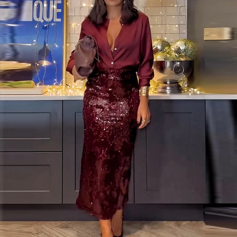 Peris Gems 2025 Fashion Temperament Party Suits Elegant Lapel Button Shirts & Sequin Skirt Sets Women Casual Long Sleeve Solid 2Pc Outfits 2025 Fashion Temperament Party Suits Elegant Lapel Button Shirts & Sequin Skirt Sets Women Casual Long Sleeve Solid 2Pc Outfits SHEIN Amazon Temu