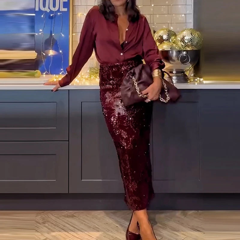 Peris Gems 2025 Fashion Temperament Party Suits Elegant Lapel Button Shirts & Sequin Skirt Sets Women Casual Long Sleeve Solid 2Pc Outfits 2025 Fashion Temperament Party Suits Elegant Lapel Button Shirts & Sequin Skirt Sets Women Casual Long Sleeve Solid 2Pc Outfits SHEIN Amazon Temu