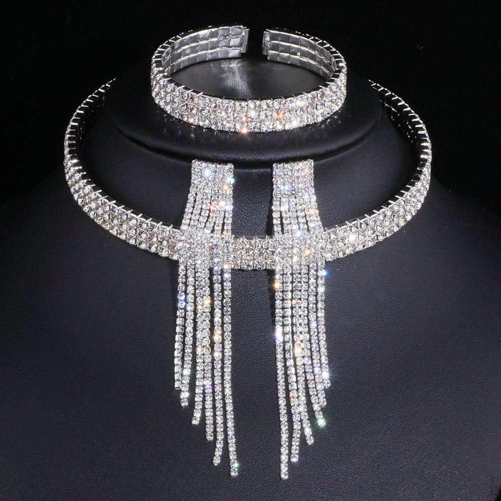 Peris Gems 3 Lays with earrings Crystal Tassel Bridal Jewelry Sets for Women | Diamond Wedding Set Crystal Tassel Bridal Jewelry Sets for Women | Wedding Set SHEIN Amazon Temu