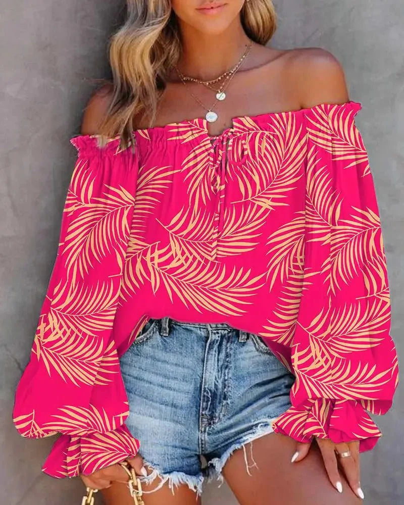 Peris Gems 3meihongjinshuye / XXL Sexy Slash Neck Off The Shoulder Strapless Lace Up Long Sleeve Floral Print Blouse Tops Summer Lady OL Workwear Blouse Shirts Sexy Slash Neck Off The Shoulder Strapless Lace Up Long Sleeve Floral Print Blouse Tops Summer Lady OL Workwear Blouse Shirts SHEIN Amazon Temu