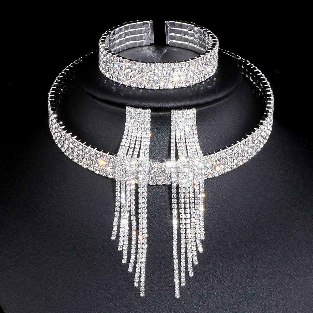 Peris Gems 4 Lays with earrings Crystal Tassel Bridal Jewelry Sets for Women | Diamond Wedding Set Crystal Tassel Bridal Jewelry Sets for Women | Wedding Set SHEIN Amazon Temu
