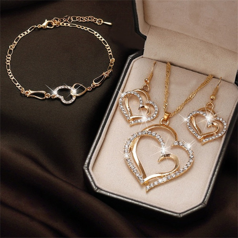 Peris Gems 4pc-Gold Double Heart Necklace Earrings Bracelet Jewelry Set SHEIN Amazon Temu
