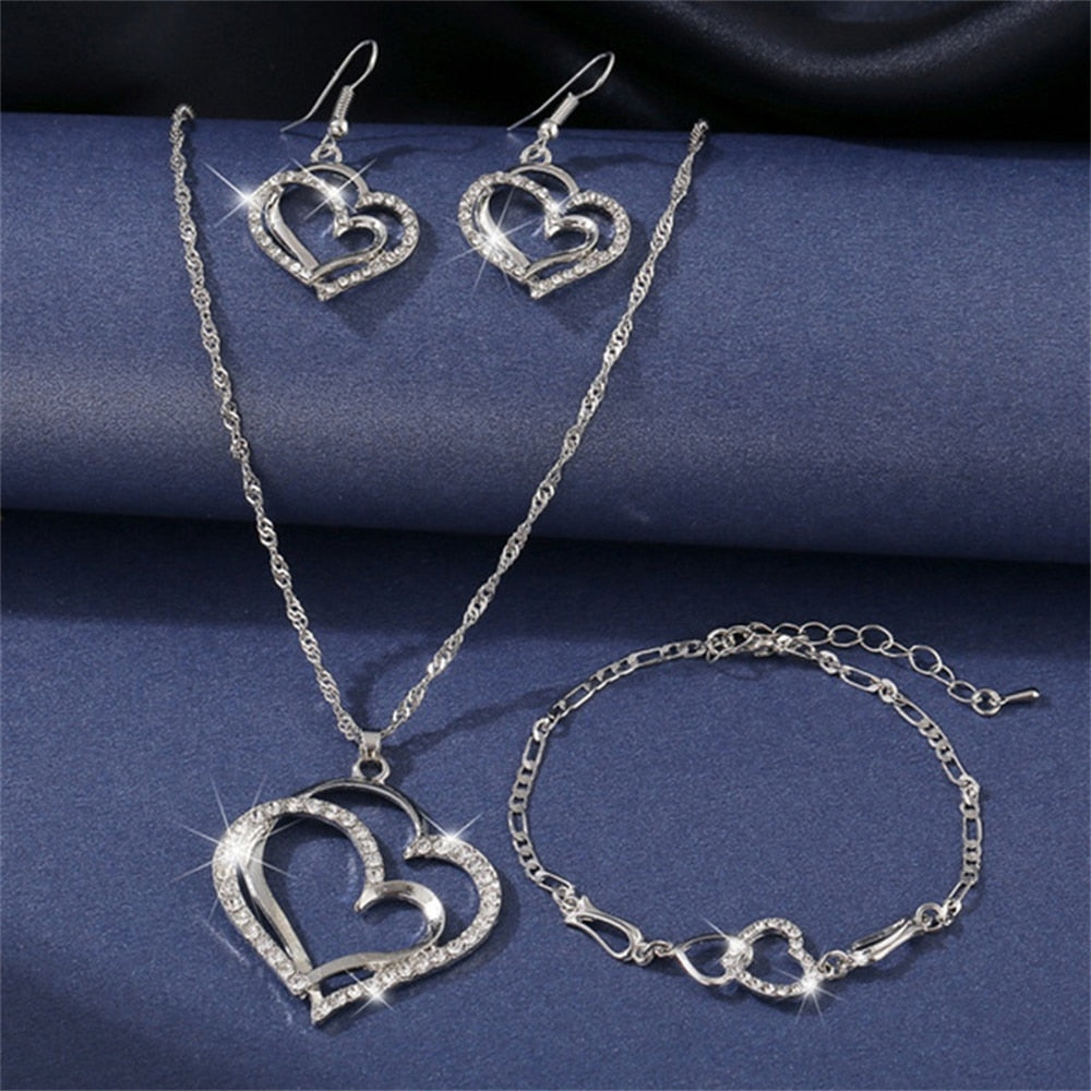 Peris Gems 4pc-Silver Double Heart Necklace Earrings Bracelet Jewelry Set SHEIN Amazon Temu