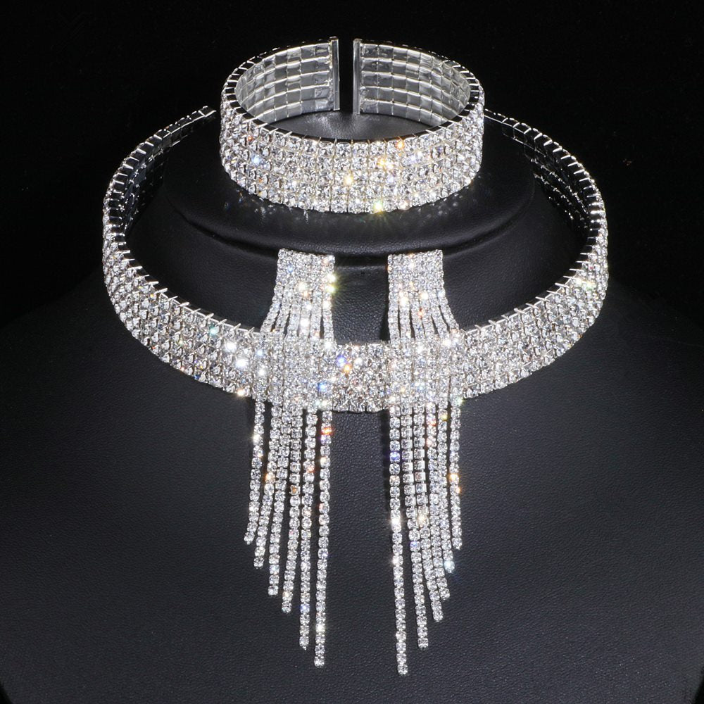 Peris Gems 5 Lays with earrings Crystal Tassel Bridal Jewelry Sets for Women | Diamond Wedding Set Crystal Tassel Bridal Jewelry Sets for Women | Wedding Set SHEIN Amazon Temu