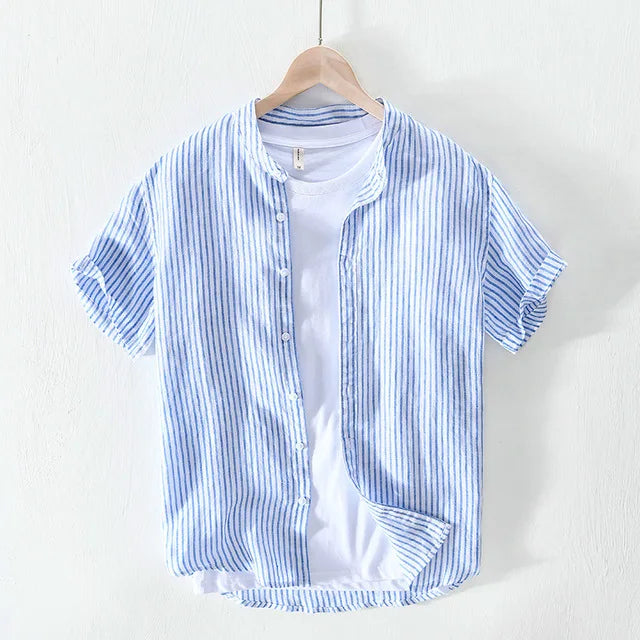 Peris Gems 541 Blue / M 100% Pure Linen Striped Shirts For Men Short Sleeve Casual Stand Collar Hemp Shirts Man Summer Fashion Breathable Tops SHEIN Amazon Temu