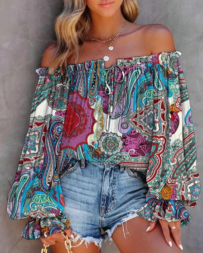 Peris Gems 5fuguyaoguohua / M Sexy Slash Neck Off The Shoulder Strapless Lace Up Long Sleeve Floral Print Blouse Tops Summer Lady OL Workwear Blouse Shirts Sexy Slash Neck Off The Shoulder Strapless Lace Up Long Sleeve Floral Print Blouse Tops Summer Lady OL Workwear Blouse Shirts SHEIN Amazon Temu