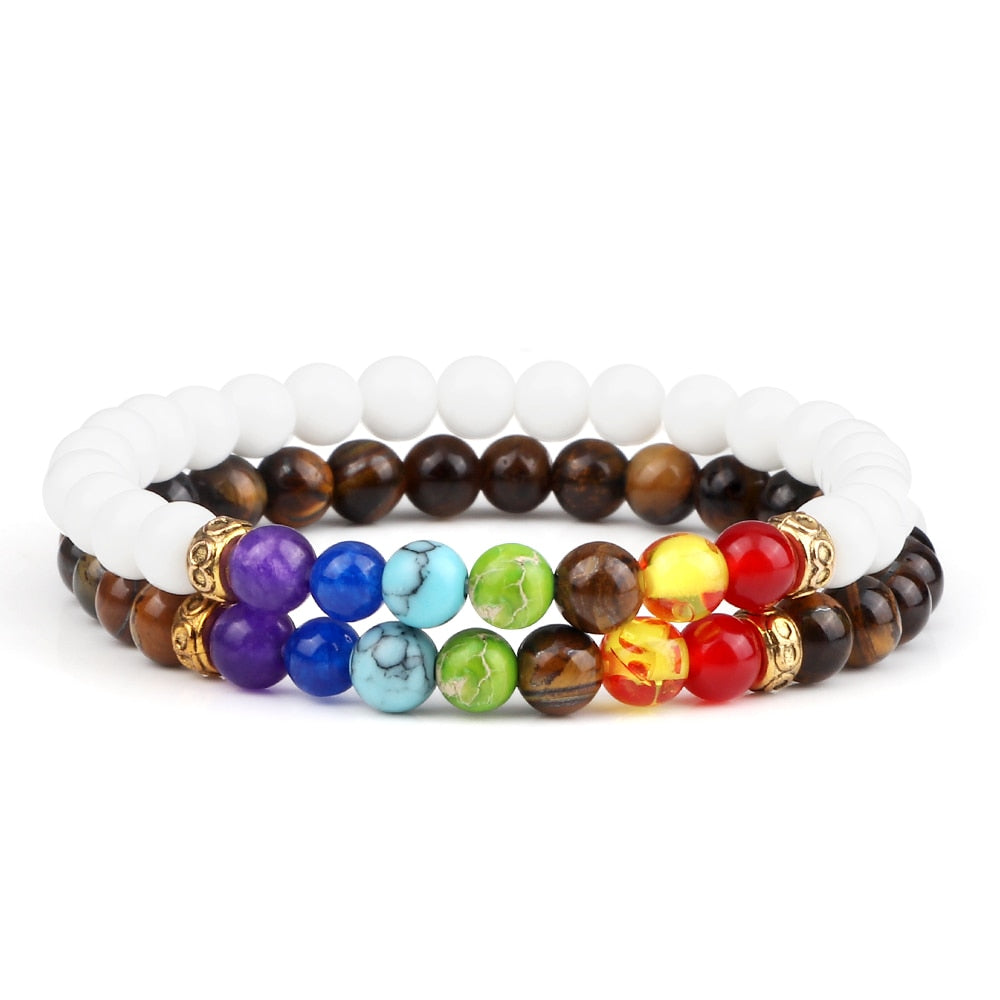 Peris Gems 6MM Style 6 Chakra Stone 2pc Bracelet Set Unisex | Tiger Eye Stone Bracelet Chakra Stone 2pc Bracelet Set Unisex | Tiger Eye Bracelet SHEIN Amazon Temu