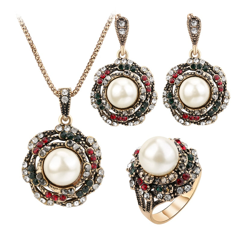 Peris Gems 9 Golden Pearl 3pc Jewelry Set for Women | Antique Gold Crystal Jewelry Golden Pearl 3pc Jewelry Set for Women |Antique Gold Jewelry SHEIN Amazon Temu