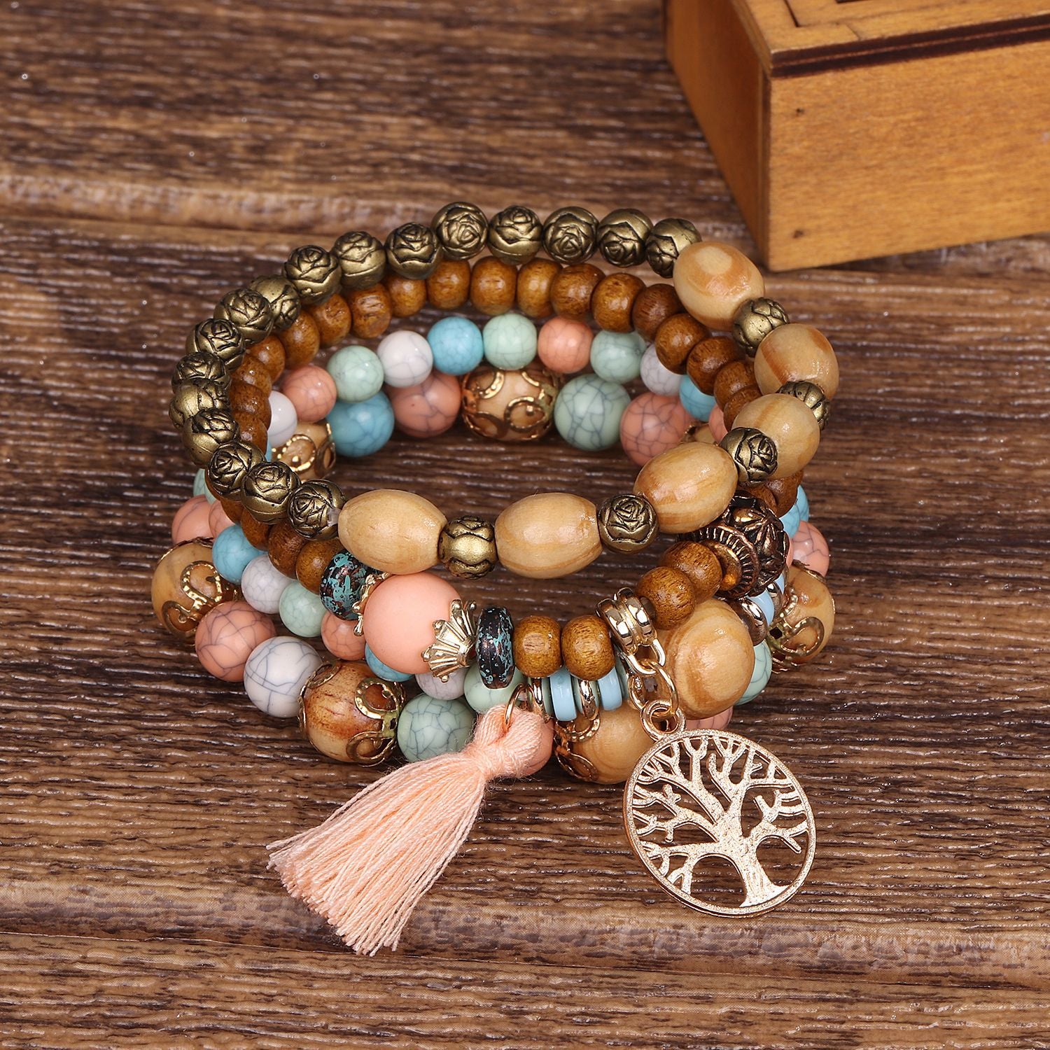 Peris Gems 7 Tree Of Life Charm Beaded Bracelet Set for Women | 4Pc Wood Beads Bracelet SHEIN Amazon Temu