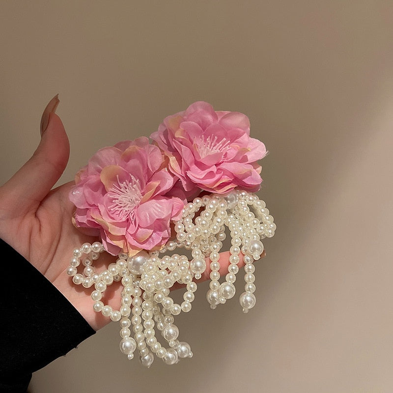 Peris Gems A A deep pink Big Cloth Flower and Pearl Dangle Tassel Earrings for Women SHEIN Amazon Temu