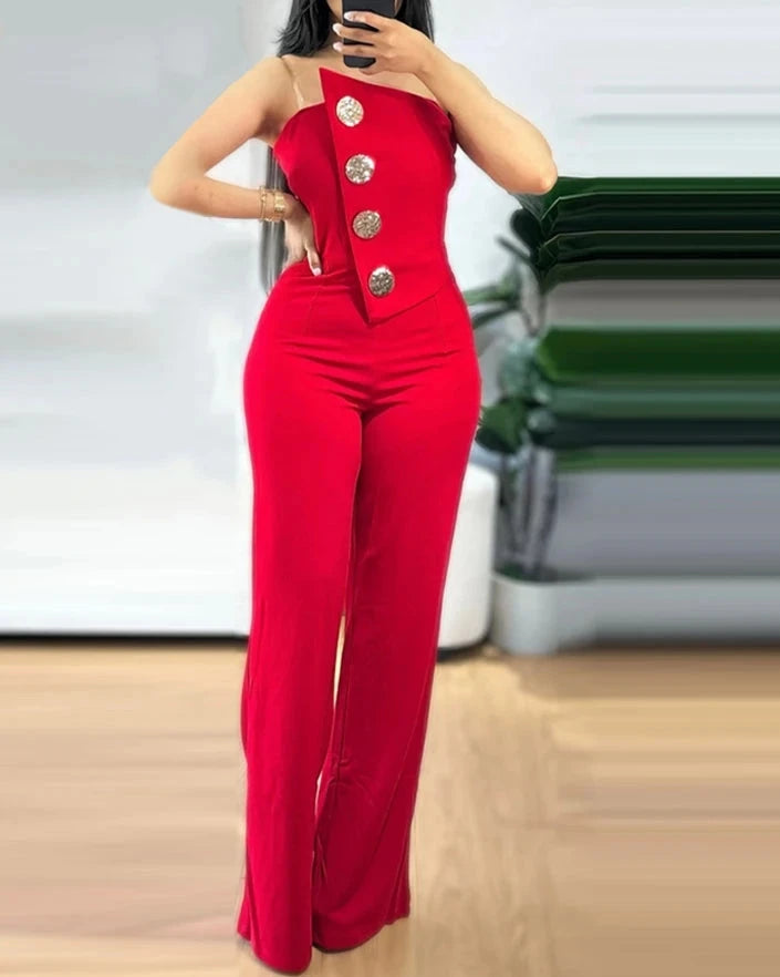 Peris Gems A / S Jumpsuit Women Off Shoulder Asymmetrical Bandeau Strapless Metal Button Decor High Waist Wide Leg Casual One Pieces Overalls Jumpsuit Women Off Shoulder Asymmetrical Bandeau Strapless Metal Button Decor High Waist Wide Leg Casual One Pieces Overalls SHEIN Amazon Temu