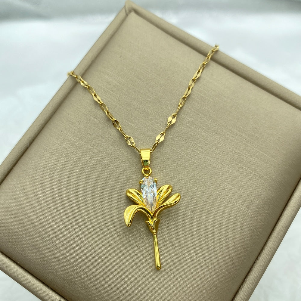 Peris Gems A09 Gold Diamond Necklace Collection for Women | Stainless Steel Mermaid Heart Butterfly Sunflower Gold Diamond Necklace Collection for Women | Stainless Steel SHEIN Amazon Temu