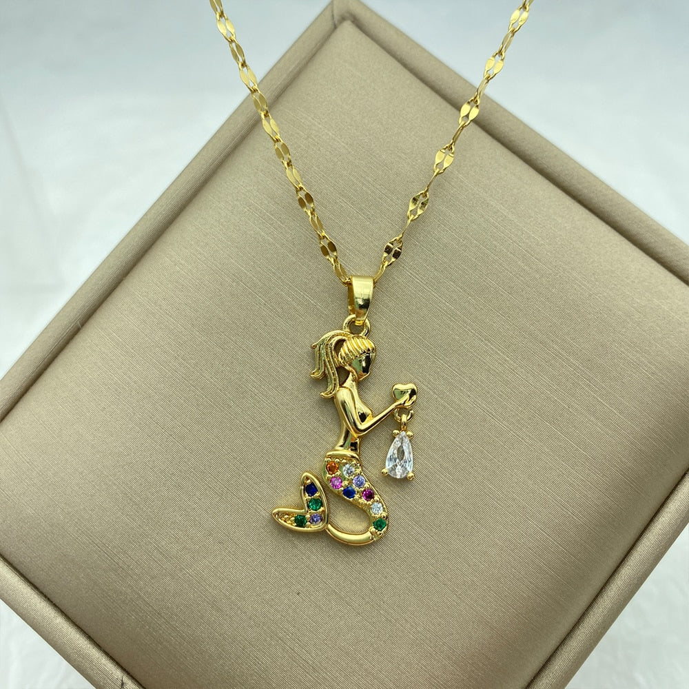 Peris Gems A13 Gold Diamond Necklace Collection for Women | Stainless Steel Mermaid Heart Butterfly Sunflower Gold Diamond Necklace Collection for Women | Stainless Steel SHEIN Amazon Temu