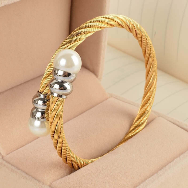 Peris Gems Adjustable Gold Cable Pearl Bangle Bracelet for Women SHEIN Amazon Temu