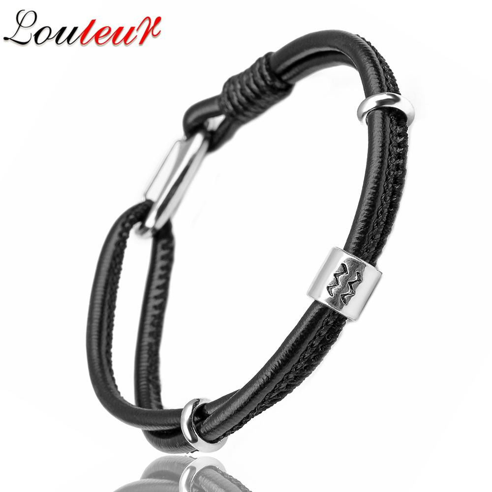 Peris Gems AQUARIUS Steel Leather Zodiac Sign Bracelet Unisex | Silver Leather Bracelet Leather Zodiac Sign Bracelet Unisex |Silver Leather Bracelet SHEIN Amazon Temu