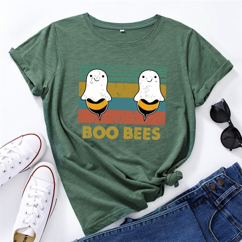 Peris Gems Army Green / M Graphic Print BOO BEES T-Shirt for Women | Halloween Bee Short Sleeve Shirt Graphic Print BOO BEES T-Shirt for Women Halloween Bee Shirt SHEIN Amazon Temu