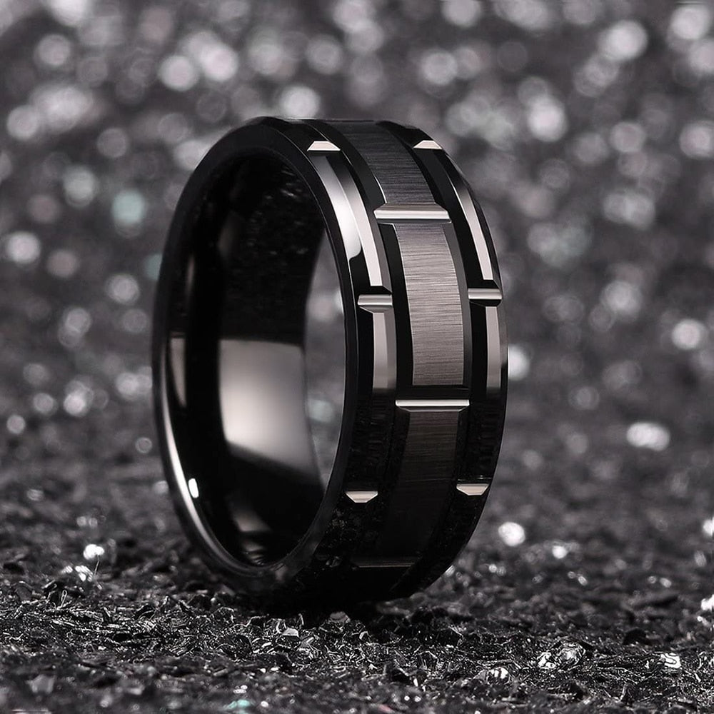 Peris Gems B Black / 7 Double Groove Beveled Stainless Steel Ring Unisex | Black Brushed Inlay Zircon Double Groove Beveled Stainless Steel Ring Unisex | Brushed SHEIN Amazon Temu