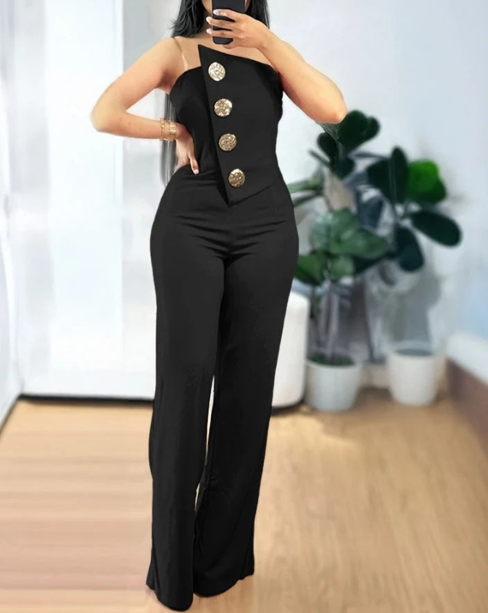 Peris Gems B / S Jumpsuit Women Off Shoulder Asymmetrical Bandeau Strapless Metal Button Decor High Waist Wide Leg Casual One Pieces Overalls Jumpsuit Women Off Shoulder Asymmetrical Bandeau Strapless Metal Button Decor High Waist Wide Leg Casual One Pieces Overalls SHEIN Amazon Temu