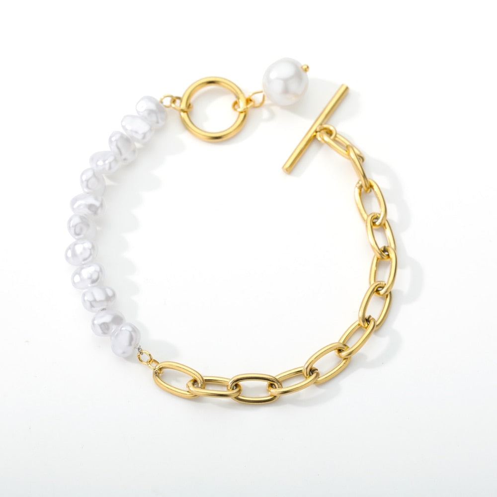 Peris Gems B742G Half Pearl Hald Gold Thick Chain Bracelet for Women SHEIN Amazon Temu