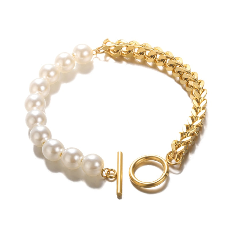 Peris Gems B918G Half Pearl Hald Gold Thick Chain Bracelet for Women SHEIN Amazon Temu