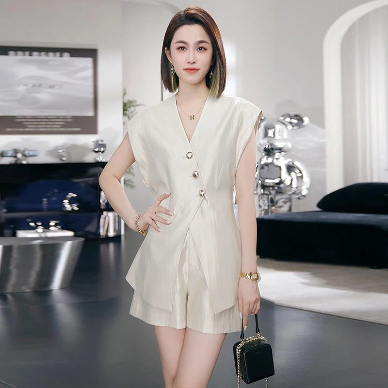 Peris Gems Beige / XL / CN Fashion Summer Office Ladies Two Piece Set 2025 New High Quality Women V Neck Single Breasted Split Tops + Wide Leg Shorts Suits Fashion Summer Office Ladies Two Piece Set 2025 New High Quality Women V Neck Single Breasted Split Tops + Wide Leg Shorts Suits SHEIN Amazon Temu