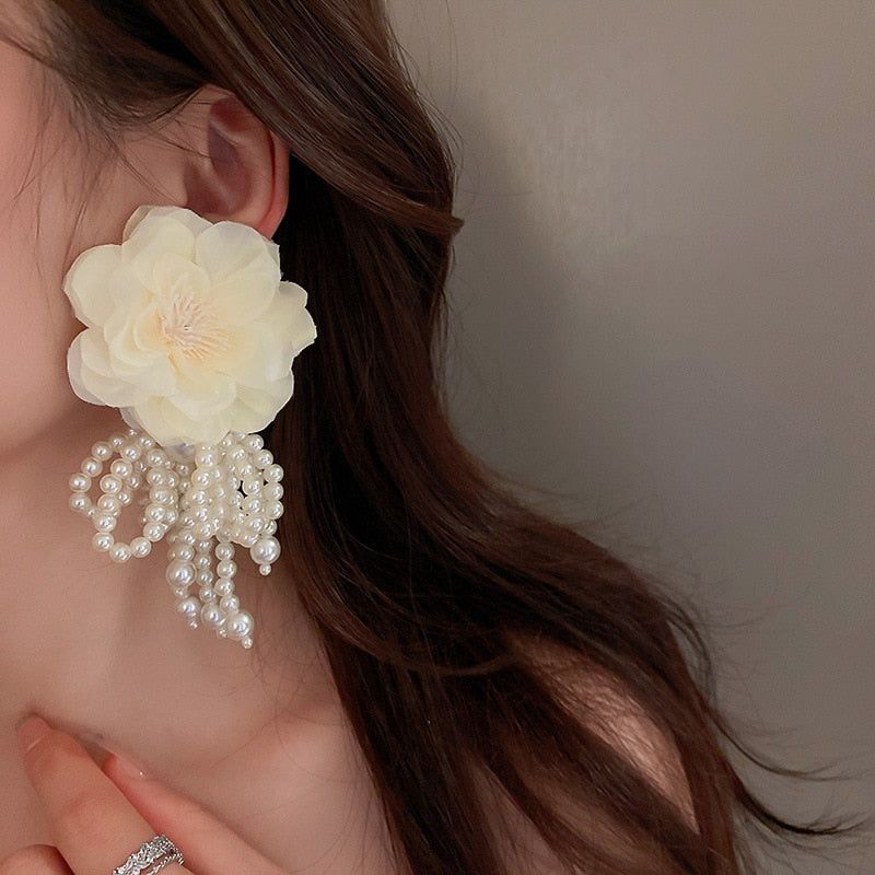 Peris Gems Big Cloth Flower and Pearl Dangle Tassel Earrings for Women SHEIN Amazon Temu