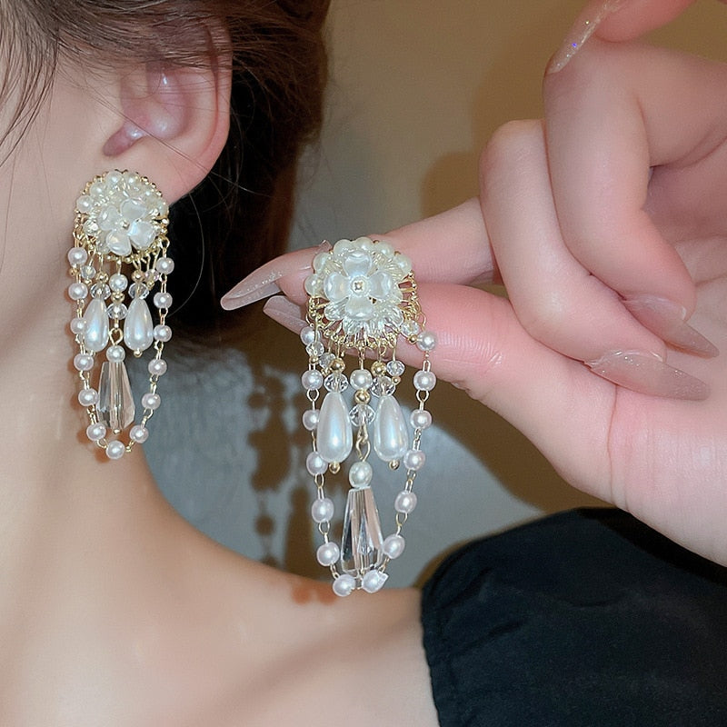 Peris Gems Big Cloth Flower and Pearl Dangle Tassel Earrings for Women SHEIN Amazon Temu