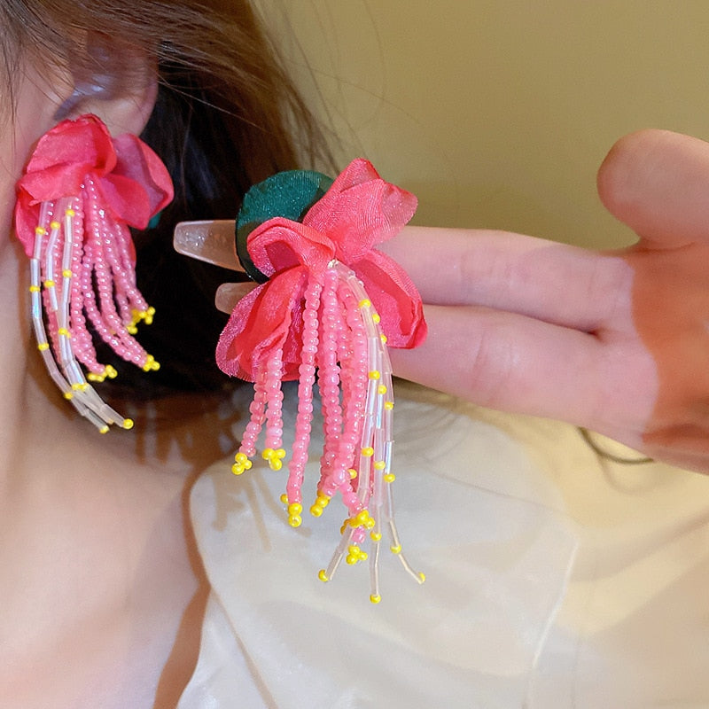 Peris Gems Big Cloth Flower and Pearl Dangle Tassel Earrings for Women SHEIN Amazon Temu