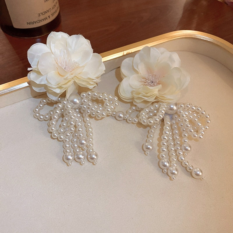 Peris Gems Big Cloth Flower and Pearl Dangle Tassel Earrings for Women SHEIN Amazon Temu