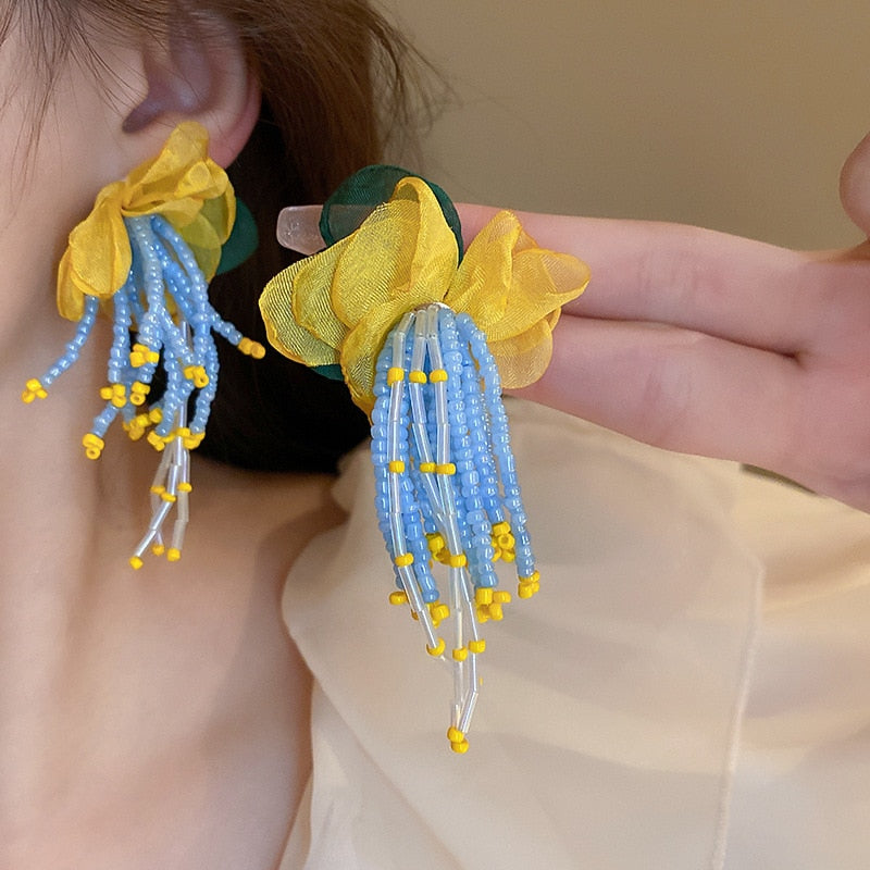 Peris Gems Big Cloth Flower and Pearl Dangle Tassel Earrings for Women SHEIN Amazon Temu