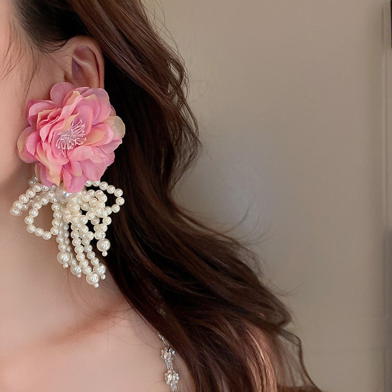 Peris Gems Big Cloth Flower and Pearl Dangle Tassel Earrings for Women SHEIN Amazon Temu