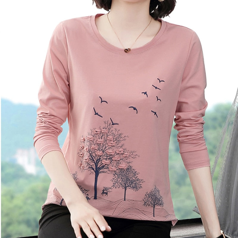 Peris Gems Bird Embroidery Long Sleeve Shirt for Women | O-Neck Crewneck Shirt Bird Embroidery Long Sleeve Shirt for Women | O-Neck Shirt SHEIN Amazon Temu