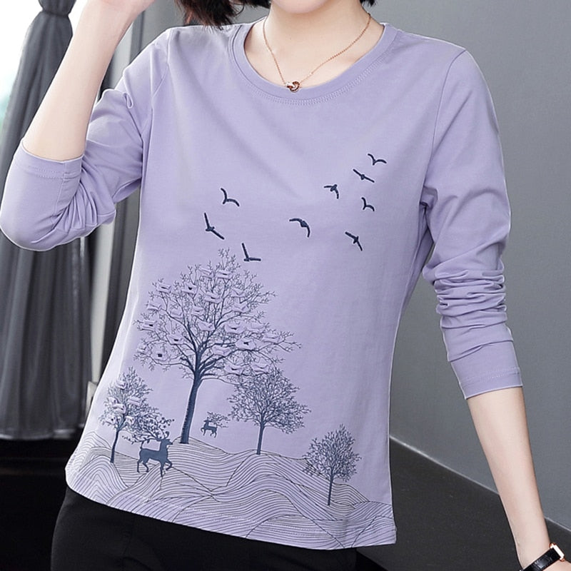 Peris Gems Bird Embroidery Long Sleeve Shirt for Women | O-Neck Crewneck Shirt Bird Embroidery Long Sleeve Shirt for Women | O-Neck Shirt SHEIN Amazon Temu