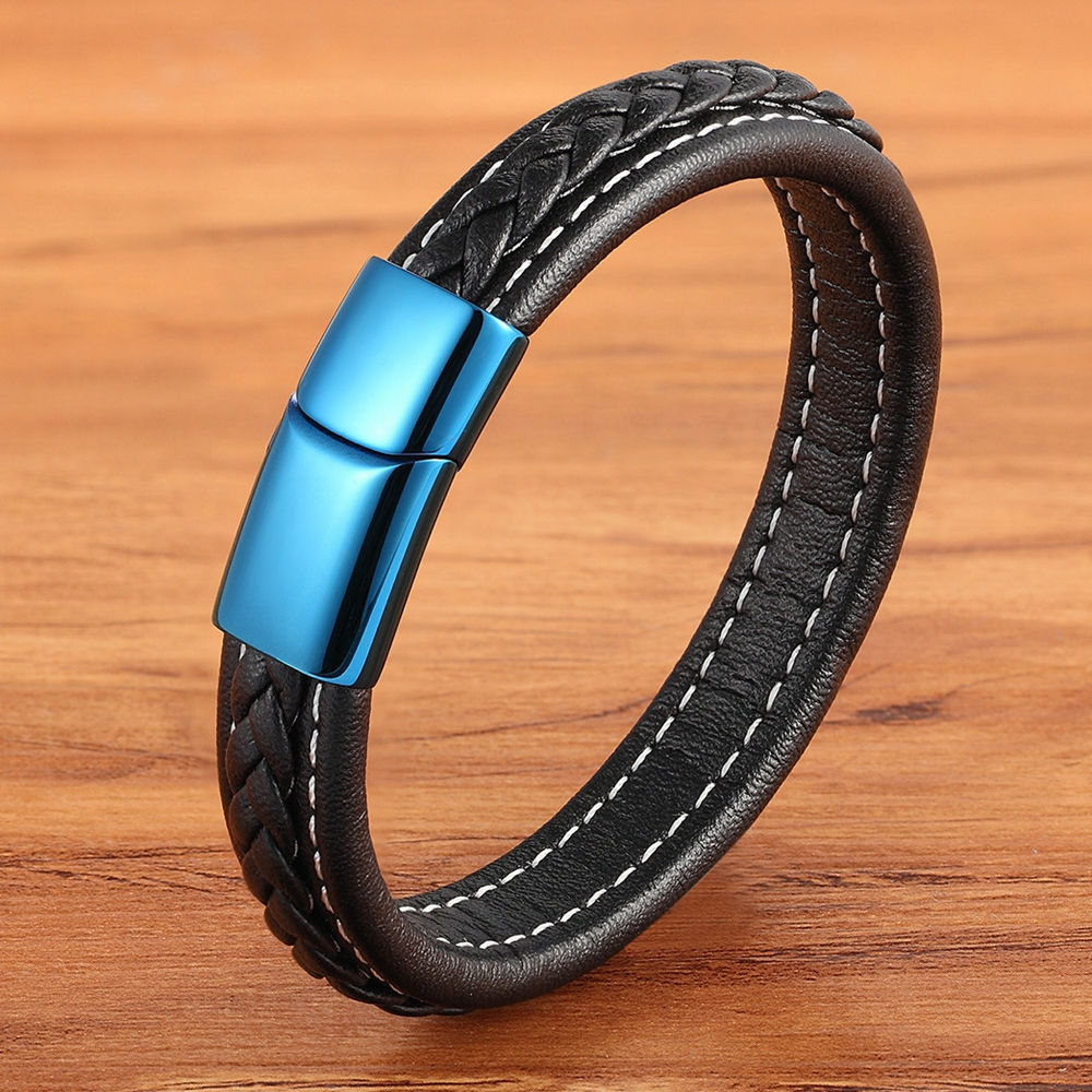 Peris Gems Black 1 / 19cm Blue Leather Combination Stitching Buckle Bracelet for Men SHEIN Amazon Temu