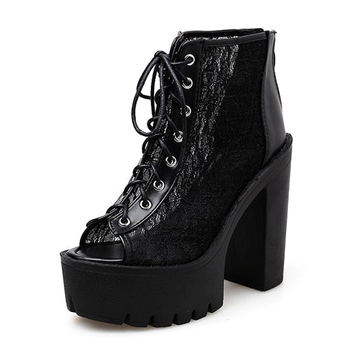 Peris Gems Black / 4.5 Lace Platform Peep Toe Shoes for Women | Mesh Platform Boots SHEIN Amazon Temu
