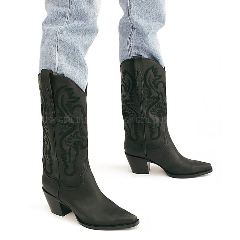 Peris Gems black / 4.5 PU Leather Cowboy Boots for Women | Knee High Leather Boots SHEIN Amazon Temu