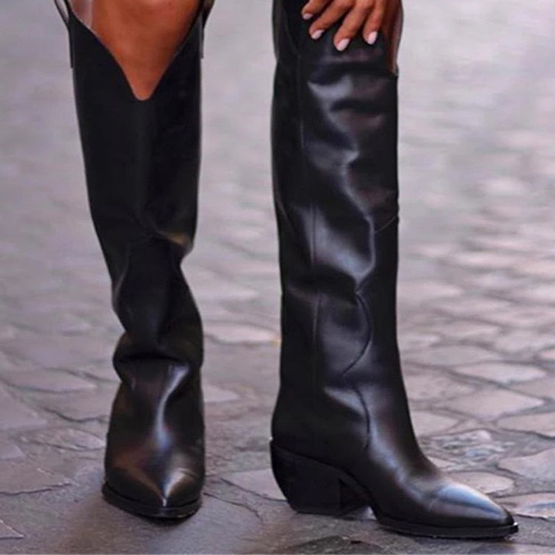 Peris Gems Black / 4.5 PU Leather Cowboy Boots for Women | Knee High Leather Boots SHEIN Amazon Temu