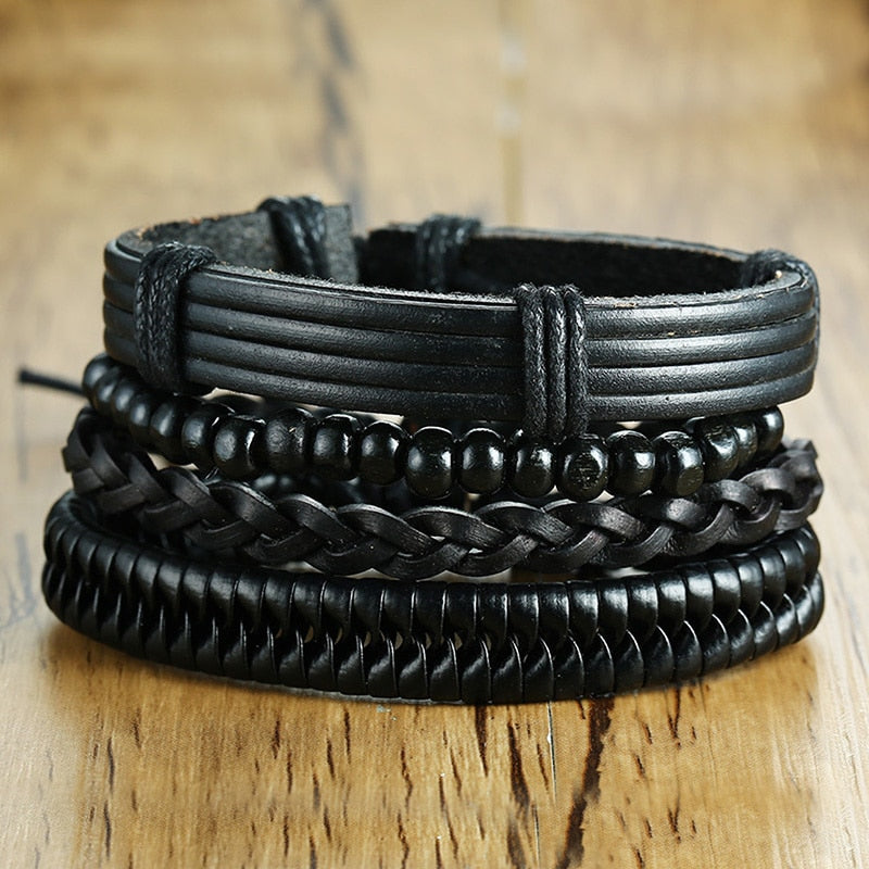 Peris Gems Black 4pc Beaded and Leather Bracelets Unisex | Adjustable Bangle Bracelet Black 4pc Beaded and Leather Bracelet Unisex Bangle Bracelet SHEIN Amazon Temu