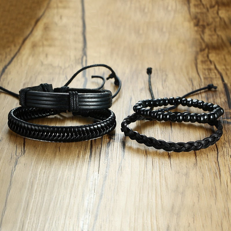 Peris Gems Black 4pc Beaded and Leather Bracelets Unisex | Adjustable Bangle Bracelet Black 4pc Beaded and Leather Bracelet Unisex Bangle Bracelet SHEIN Amazon Temu