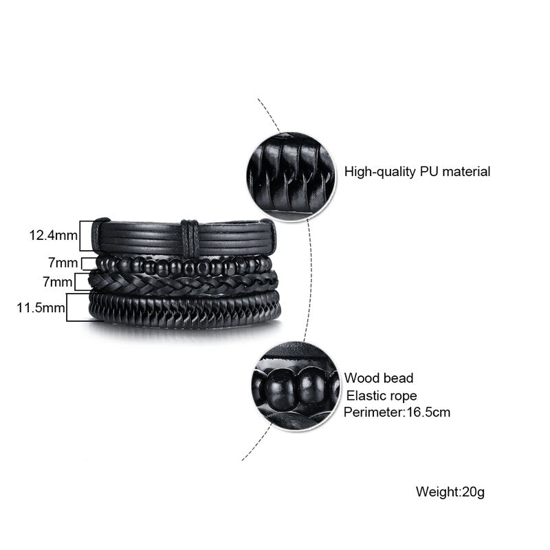Peris Gems Black 4pc Beaded and Leather Bracelets Unisex | Adjustable Bangle Bracelet Black 4pc Beaded and Leather Bracelet Unisex Bangle Bracelet SHEIN Amazon Temu