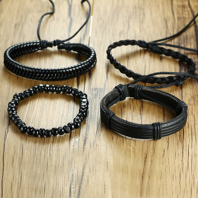Peris Gems Black 4pc Beaded and Leather Bracelets Unisex | Adjustable Bangle Bracelet Black 4pc Beaded and Leather Bracelet Unisex Bangle Bracelet SHEIN Amazon Temu