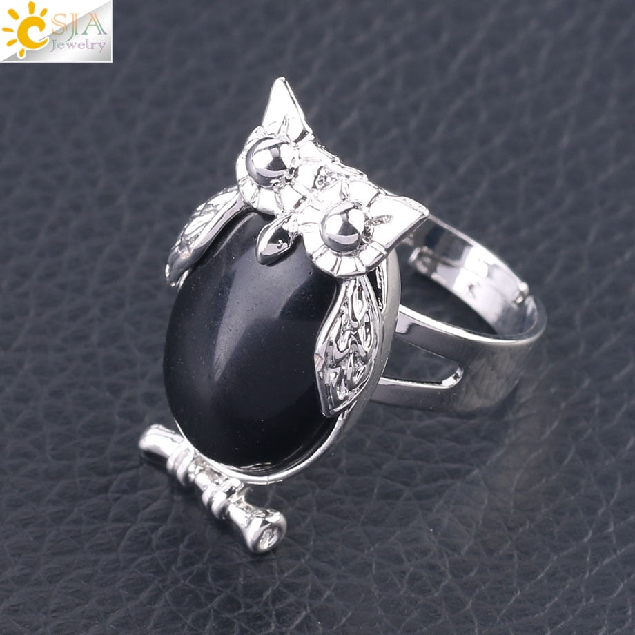 Peris Gems Black Agate Cabochon Bead Owl Rings | Silver Diamond Owl Rings Adjustable SHEIN Amazon Temu